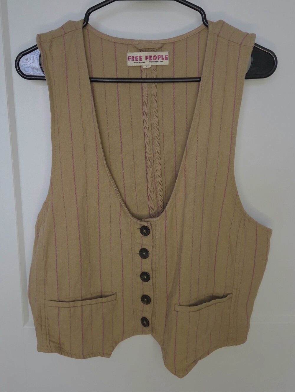 Free People Tan Pinstripe Button Vest. Size L. #SW